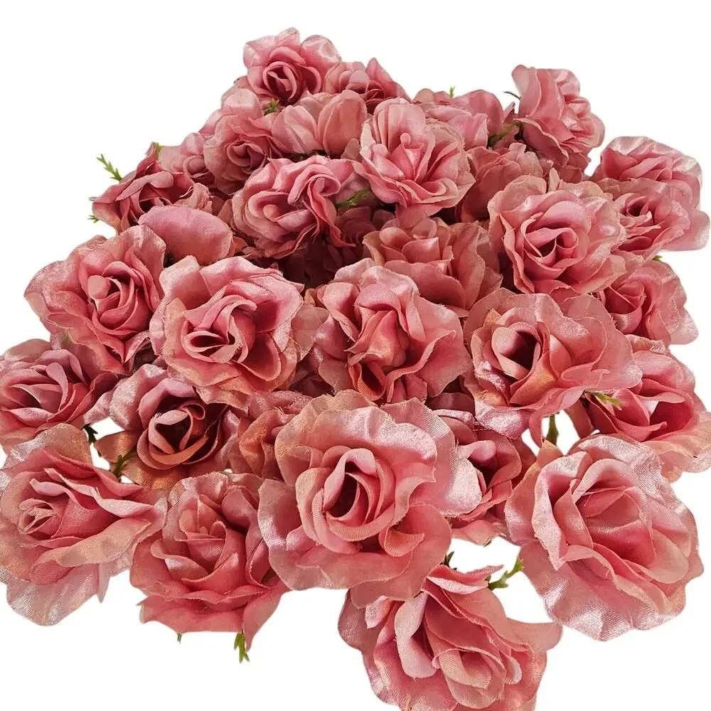 25 Pink Satin Rose Heads Stemless Wedding Floral Craft DIY 2.5in Flowers